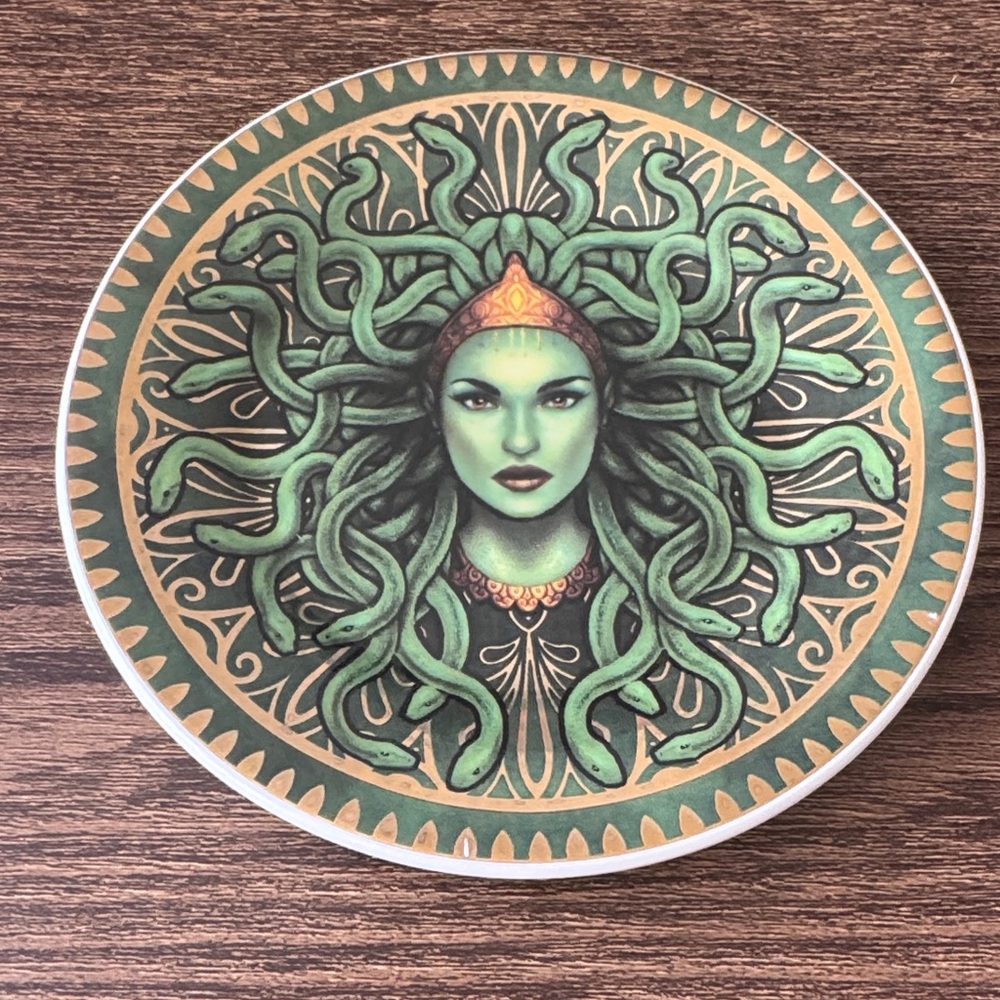 Medusa Ceramic Art Plate - Green and Gold